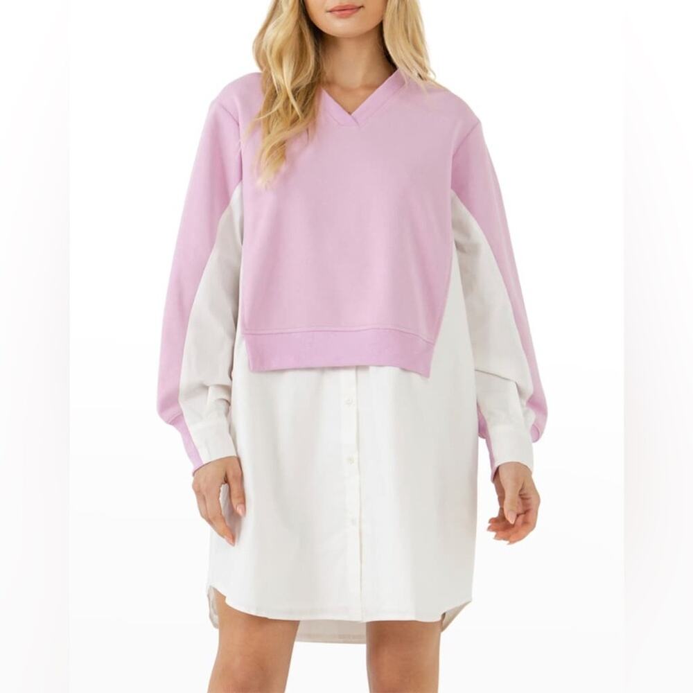 English Factory Oversized Pink V-neck Sweatshirt Poplin Dress Preppy - XS